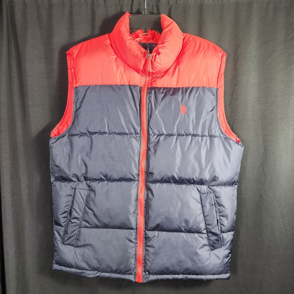 US Polo Assn‎ Mens Puffer Vest Red Navy Blue Logo Zip Up Pockets Size M